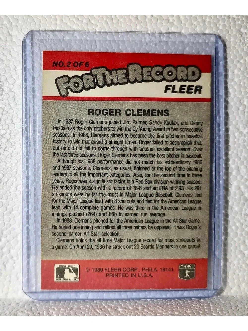 Roger Clemens 1989 Fleer MLB #2 For The Record Baseball Card Boston Red Sox